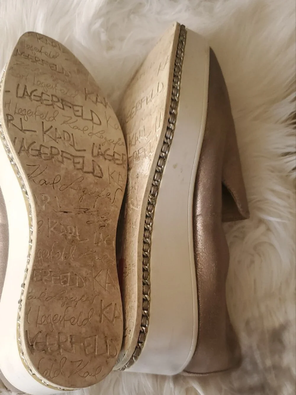 Karl Lagerfeld Metallic Bronze Slip-On Platform Loafers with White Midsole 6.5